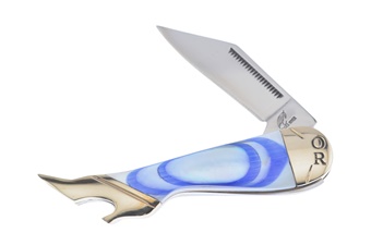 Blue Swirl Mother Of Pearl Leg Knife Stainless Steel Blade