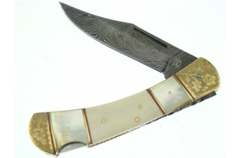 White Smoothbone & Mother Of Pearl Damscus Blade Lockback