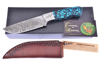 Hen + Rooster Michael Prater Turquoise Damascus Fixed Blade