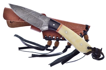 6.75" Cape Buffalo Horn/White Smoothbone Damascus Skinner w/Leather Sheath