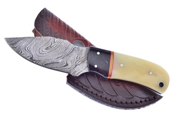 6.75" Cape Buffalo Horn/White Smoothbone Damascus Skinner w/Leather Sheath