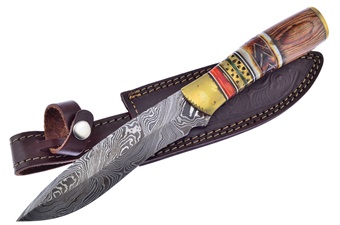 12" Brown Bone/Wood Damascus Bowie w/Leather Sheath