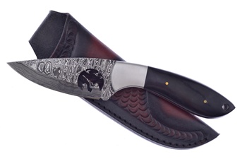 8.5" Damascus Buffalo Horn w/ Leather Sheath
