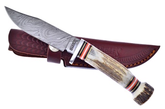 8" Stag Damascus Skinner w/Leather Sheath