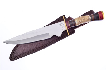 13.75" Stag/Pakkawood/Leather Bowie w/Sheath