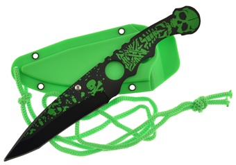 7" Neck Knife w/Green Sheath Skull Hnd