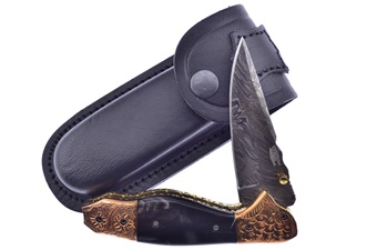 4.5" Buffalo Horn Damascus Folder w/Leather Sheath