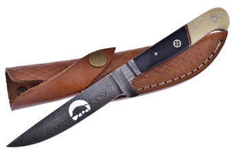 8.25" Bone/Buffalo Horn Damascus Hunter w/Sheath