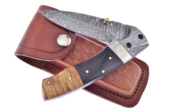 5" Cape Buffalo Horn/Olivewood Damascus Folder w/Sheath